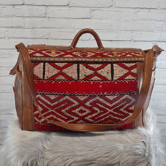 Moroccan Vtg Killim Leather Carry All Weekende - Picture 2 of 8